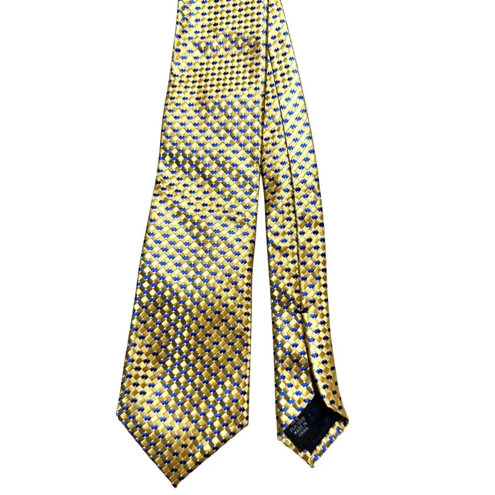 Michael Michael Kors 100% Silk Tie Gold Blue Geometric Diamond Pattern